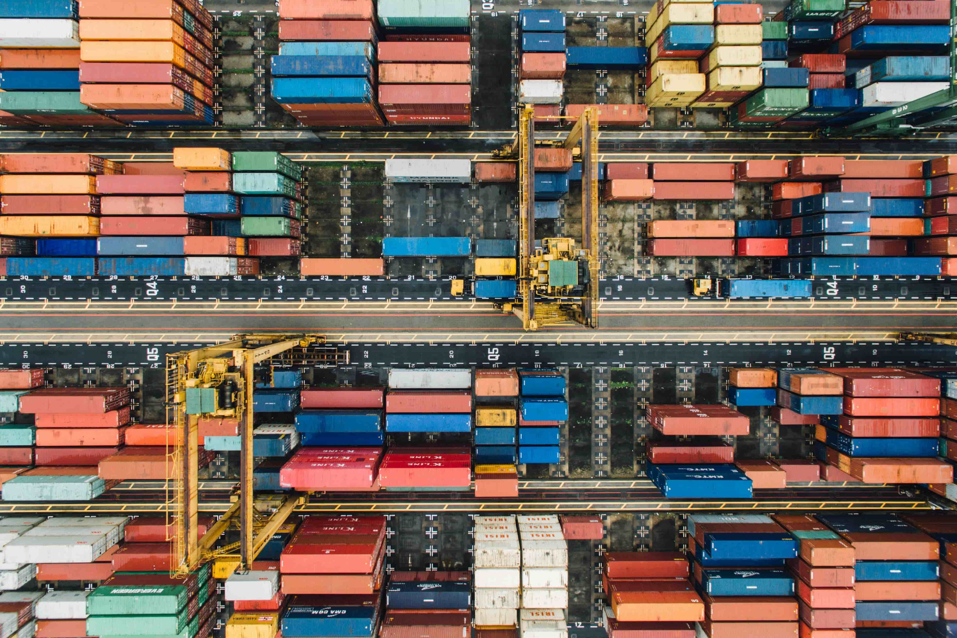 Aerial view of shipping containers at a port
